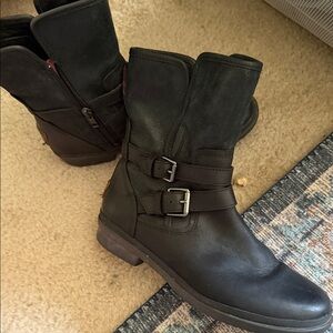 UGG Black Leather Ankle Boots with Brown Logo Accent